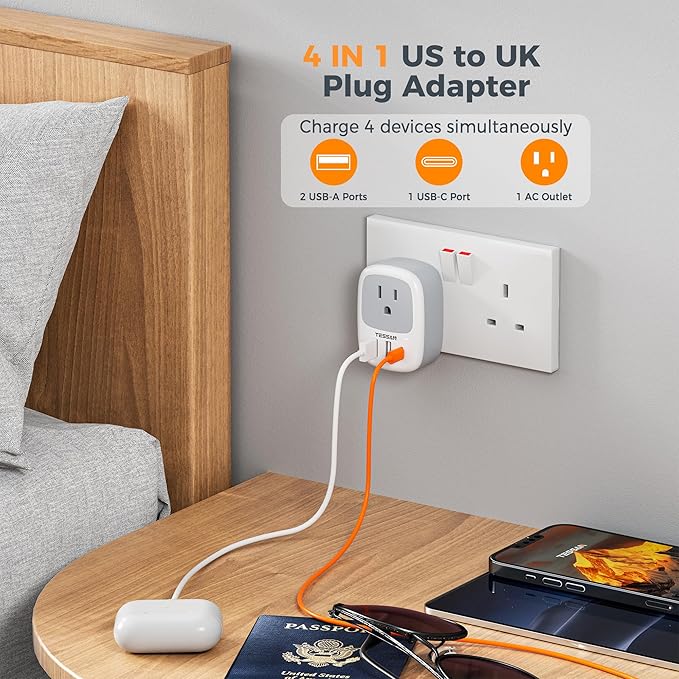 UK Adapters for Travel, TESSAN US to UK Plug Adapter, Ireland Outlet Plug with 3 USB Charger (1 USB C Port), Type G Power Adaptor for USA to England Qatar Hong Kong Scotland Dubai London Kenya Irish