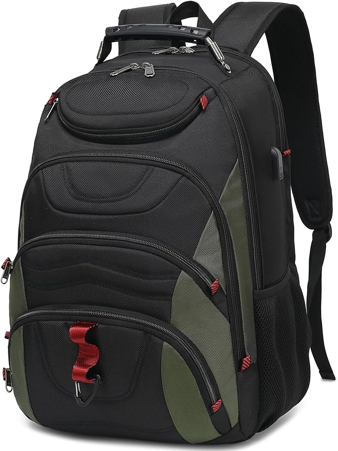 Boavan Laptop Backpack for men, 17.3 inch Laptop Bag with USB Port, Waterproof Travel Work Backpack Purse, Anti-Theft Teacher Nurse Doctor Casual Bookbags Office Business backpack，Black&Army Green