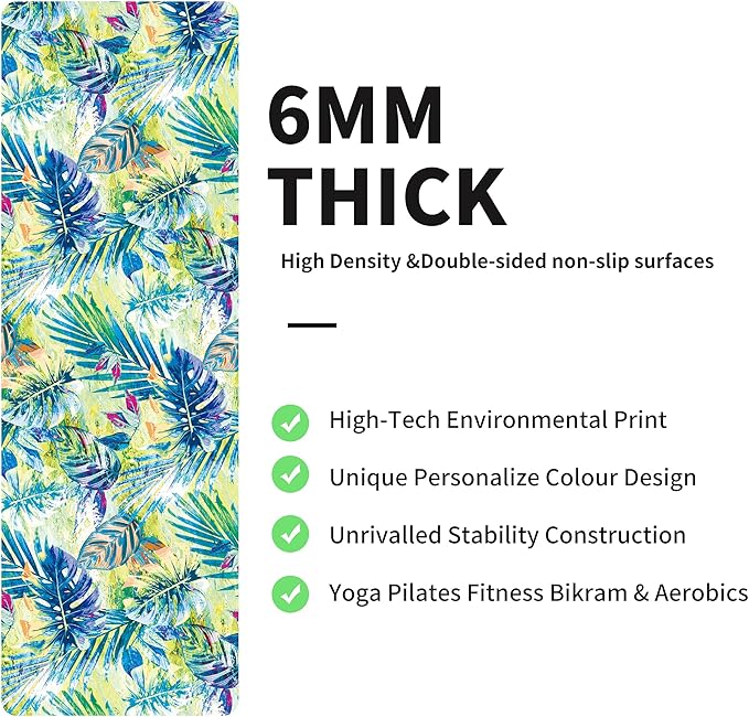 nuveti Yoga Mat Print Extra Thick TPE Non Slip Fitness Exercise Mat with Carrying Bag,72"x24" Extra Thick 6MM Exercise & Workout Mat for Yoga, Pilates Fitness and Floor Exercises