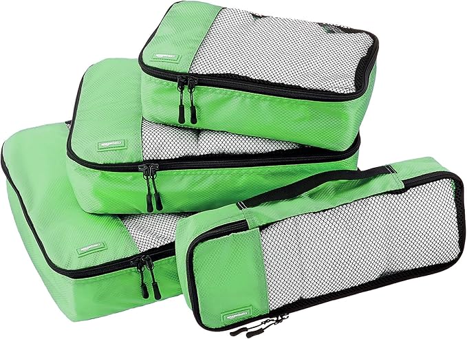 Amazon Essentials 4-Piece Packing Cubes Travel Accessories Set, Luggage Organizer with Double Zipper, Mesh Top, 100% Polyester, Small/Medium/Large/Slim, Green (Previously Amazon Basics)