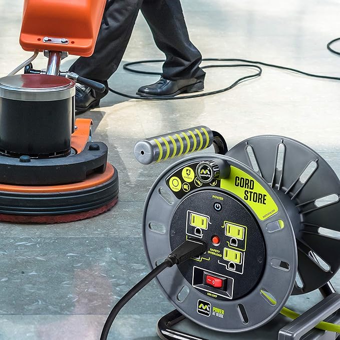 3ft Cord Reel, Retractable Extension Lead with Winding Handle, Safety Overload Circuit Breaker and Power Switch, 4x Grounded Outlets, 13amps, 14AWG Cable