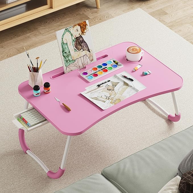 Lap Desk Bed Trays for Eating and Laptops Breakfast in Bed Tray for Sofa/Couch/Study/Reading/Writing with Cup Holder/Drawer On Low Sitting Floor Large Portable Foldable (Pink)