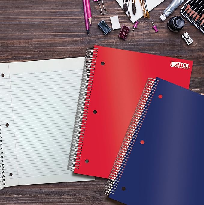 Better Office Products 5-Subject Spiral Notebook, 5 Pack, Assorted Color Poly Covers, College Rule, 200 Sheet Notebook with 4 Two-Sided Pocket Dividers, 11 x 8.5 inches