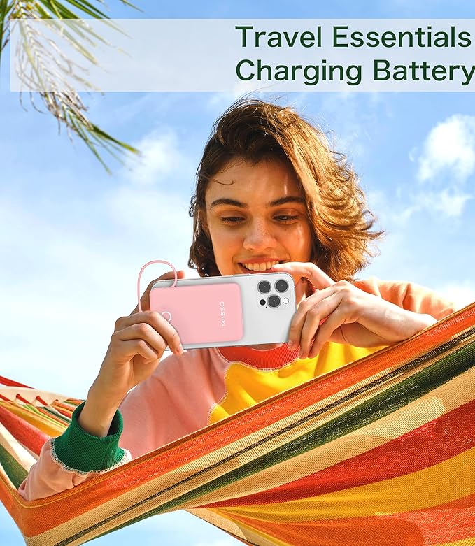 miisso 6000mah Ultra Slim Built in Cables Power Bank, Card Size Built in USB C Cords Battery Pack Portable Charger for Phones, 3 Output External Battery Pack Compatible with iPhone, Samsung, Pink