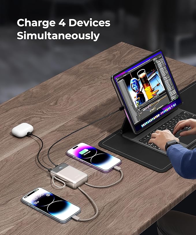 Portable-Charger-Power-Bank Travel Essentials Battery Pack USB C 30000mAh Built in Cable 22.5W Phone Fast Charging Powerbank Compatible with iPhone 16 15 14 13 12 11 iPad Google Xiaomi (Gold)