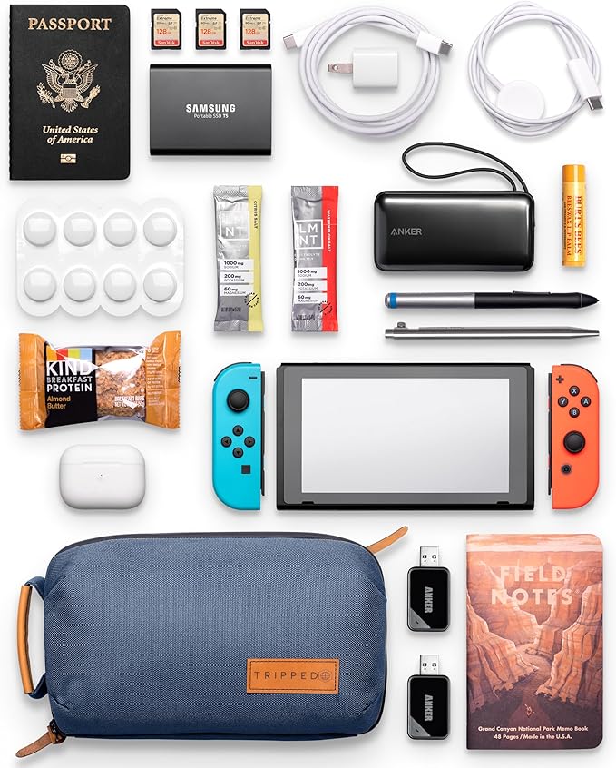 TRIPPED Travel Gear Tech Bag Organizer - Small Electronics Organizer Pouch for Travel - Premium Travel Case with Leather Accents - Mesh Pocket for Cables, Cords and Chargers (Navy)