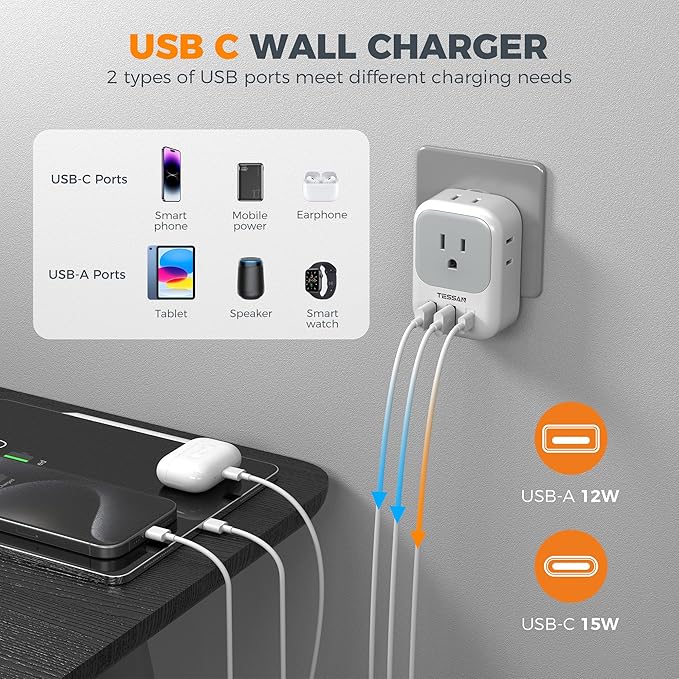 Switzerland Power Adapter 2 Pack, TESSAN Type J Adaptor with 4 Outlets 3 USB Charging Ports(1 USB C), Swiss Travel Plug for US to Switzerland, Liechtenstein, Rwanda