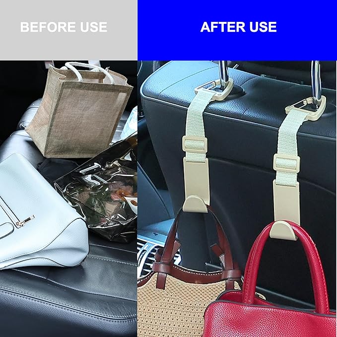 Amooca Headrest Hooks for Car Adjustable 4 Pack Vehicle Seat Back Organizer Storage Hanger Holder for Purse Bags Universal Fit with Clip Beige