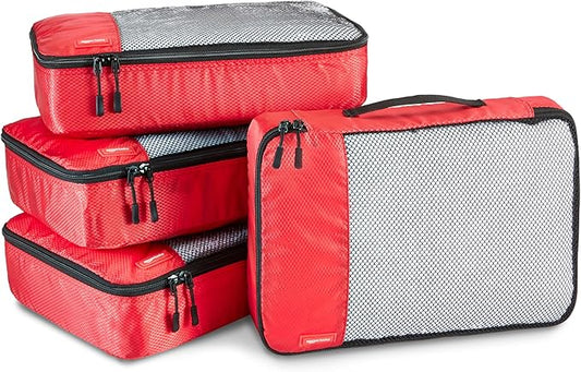 Amazon Essentials 4-Piece Packing Cubes Travel Accessories Set, Luggage Organizer with Double Zipper, Mesh Top, 100% Polyester, Medium, Red (Previously Amazon Basics)