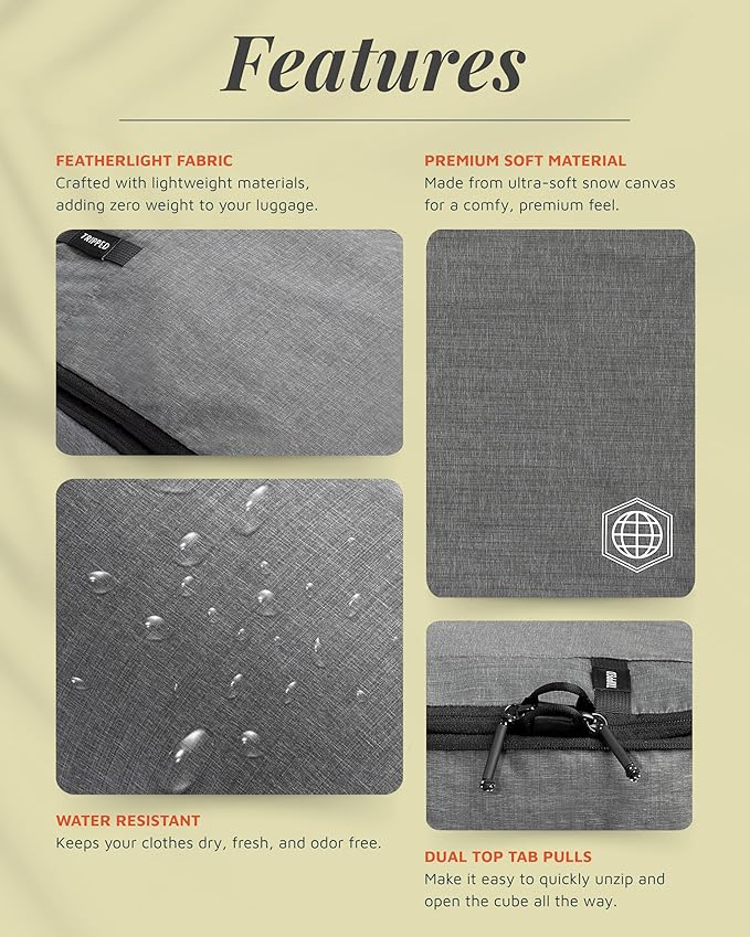 Premium Compression Packing Cubes for Travel, Compression Packaging Cube, Zip Bags Premium 6-Piece Set with laundry bag and shoe bag by TRIPPED Travel Gear (Grey)