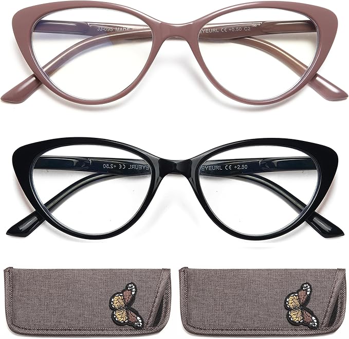EYEURL Cat Eye Reading Glasses for Women - 2 Pack Blue Light Blocking Computer Readers 1.50 Spring Hinge Anti Glare/UV Ray Eyeglasses