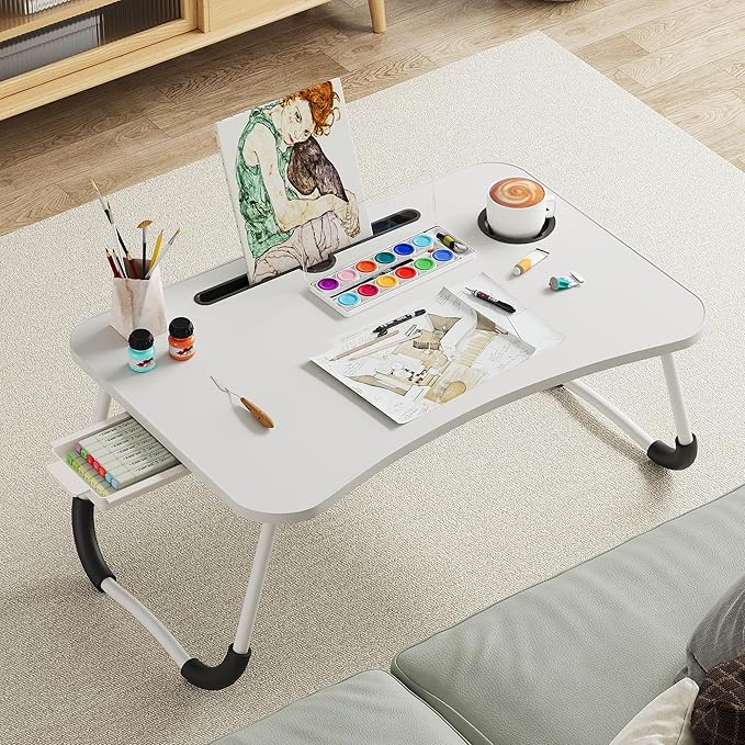 Lap Desk Bed Trays for Eating and Laptops Breakfast in Bed Tray for Sofa/Couch/Study/Reading/Writing with Cup Holder/Drawer On Low Sitting Floor Large Portable Foldable (White)