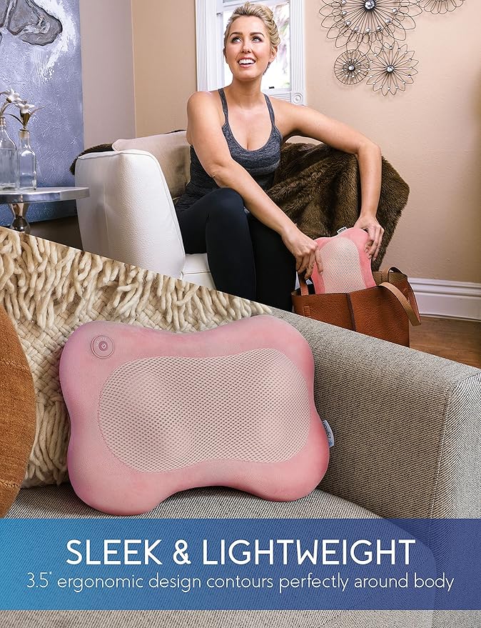 Zyllion Shiatsu Back and Neck Massager with Heat - 3D Electric Kneading Deep Tissue Massage Pillow for Muscle Pain Relief, Pink, ZMA-13