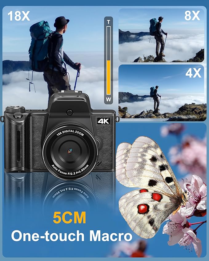 True 5K Digital Camera for Photography - 80MP WiFi Vlogging Camera for YouTube with 4.0" Touch Screen - UHD Autofocus Video Cameras with One-Touch Macro, 18X Zoom, Lens Cap, 3000mAh Battery, 32GB Card