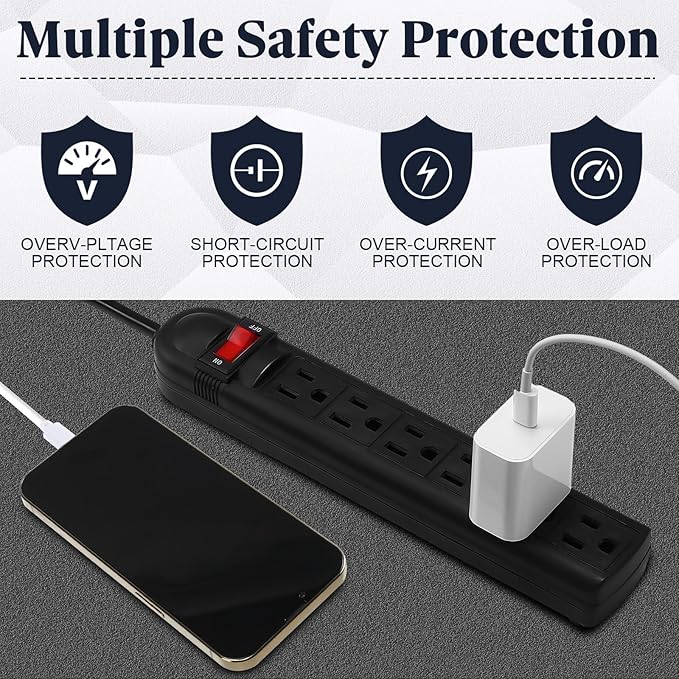 Hoteam 10 Pcs Power Strip Bulk 6 Outlet Surge Protector Power Cord Electrical Extension Cord with Switch Low Profile Plug Flat for Home Office(4 ft,Black)