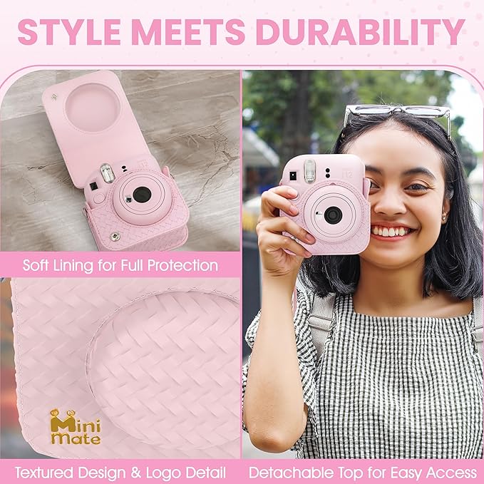 Fujifilm Instax Mini 12 Instant Camera Blossom Pink + Minimate Custom Designed Case + Fuji Instax Film 10 Sheets & Photo Album