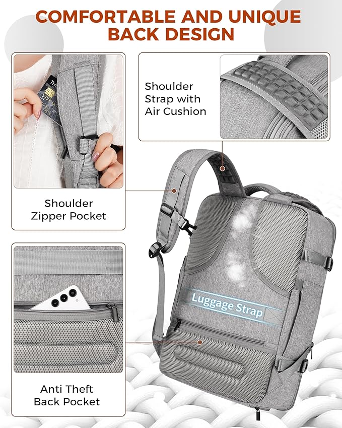 Vancropak Carry on Backpack, Flight Approved Travel Backpack with 3 Packing Cubes, Expandable Large 40L Travel Bag fits 17.3" Laptop, Anti Theft Luggage Suitcase Weekend Daypack for Women Men, Grey