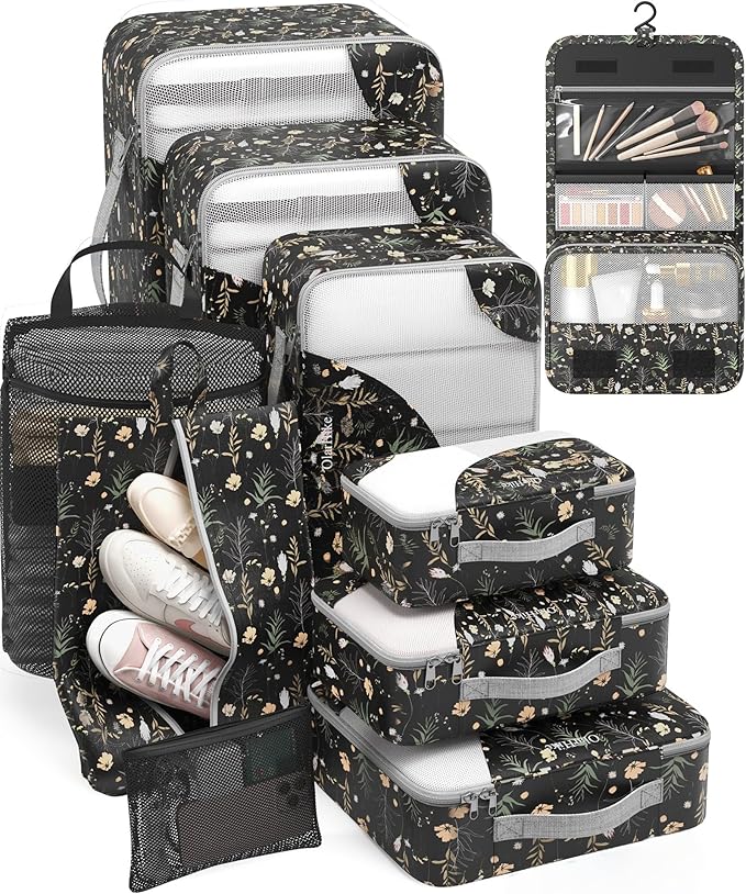 ALL INCLUDED 10 Set Durable Packing Cubes for Suitcases,OlarHike Essentials for Travel,UPGRADED Anti-Tear Stitching, NEW Improved Luggage Packing Organizers for Travel Accessories, Black Flower