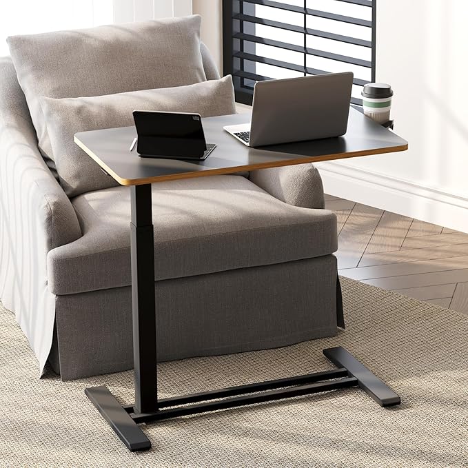 SANODESK Medical Adjustable Overbed Bedside Table with Hidden Casters, Pneumatic Mobile Laptop Computer Standing Desk Cart with Tray, Hospital and Home Use(31.5" W x 17.7" D, Black)