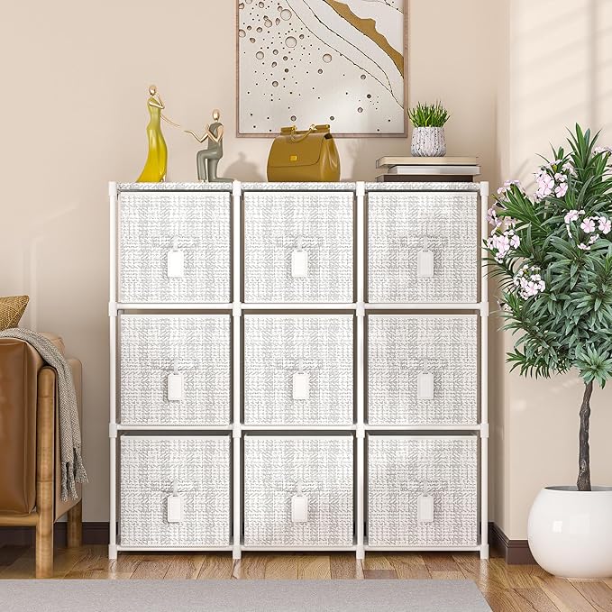 9 Cube Storage Organizer with Printed Drawers, Toy Cubby Storage for Closet, Living Room, Dorm - White