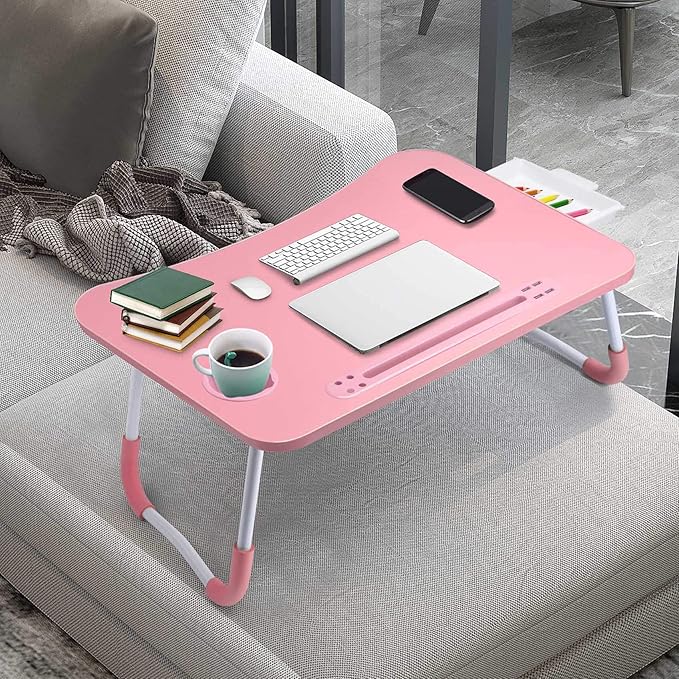 Slendor Lap Desk with Tablet Slot, Foldable Laptop Table with Storage Drawer for Bed，Portable Bed Desk for Laptop, Computer Tray with Cup Holder Notebook Stand Reading Holder for Couch Floor, Pink