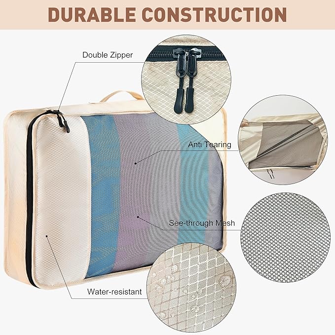 8-Piece Packing Cubes for Travel, Mesh Luggage Organizers with Shoe Bag, Toiletry Bag, Laundry Pouches, 4 Sizes (XL/L/M/S) for Suitcase Organization, Men Women Kids, Beige