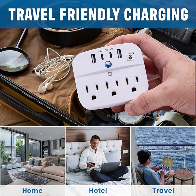 Cruise Approved Power Strip Foldable, Non Surge Protector Travel Power Strip, 2 USB-C, 2 USB, 3 AC Outlet Plugs - Cruise Essentials for Carnival, Celebrity, Princess & Major Lines in 2025 & 2026