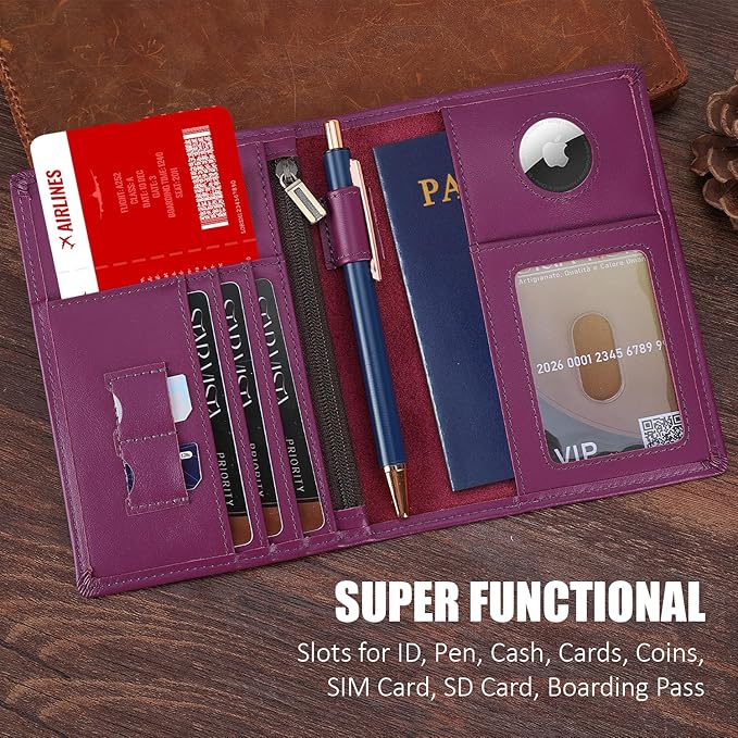 STAR VISTA Phoenix Leather Passport Holder, Calfskin Leather Travel Wallet - RFID Blocking, ID Window, Zipper Pocket, Pen & Notebook Included, AirTag Holder, Violet