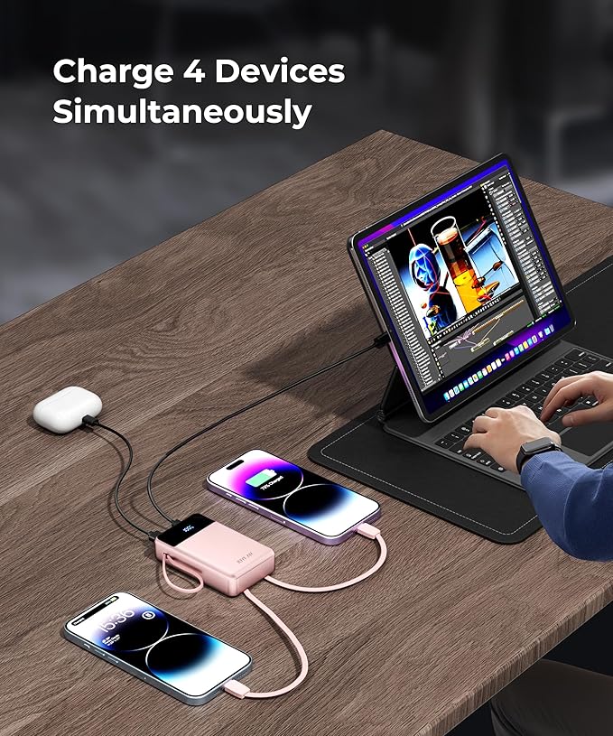 Portable-Charger-Power-Bank Travel Essentials Battery Pack USB C 30000mAh Built in Cable 22.5W Phone Fast Charging Powerbank Compatible with iPhone 16 15 14 13 12 11 iPad Google Xiaomi (Pink)