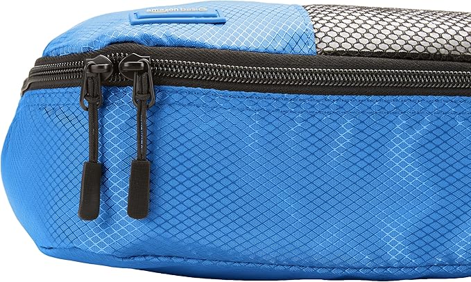 Amazon Essentials 4-Piece Packing Cubes Travel Accessories Set, Luggage Organizer with Double Zipper, Mesh Top, 100% Polyester, 2 Medium/2 Large, Blue (Previously Amazon Basics)
