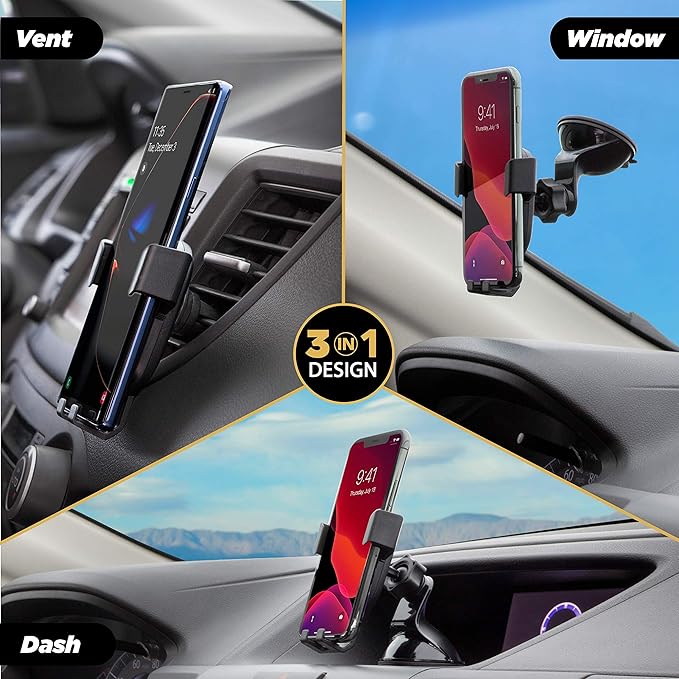 Scosche GHVWD 3-in-1 Universal Suction Cup Phone Mount for Car and Truck Dashboard/Windshield/Vent Mount, 360° Adjustable Phone Stand, Cell Phone Holder Compatible with iPhone and All Android Phones