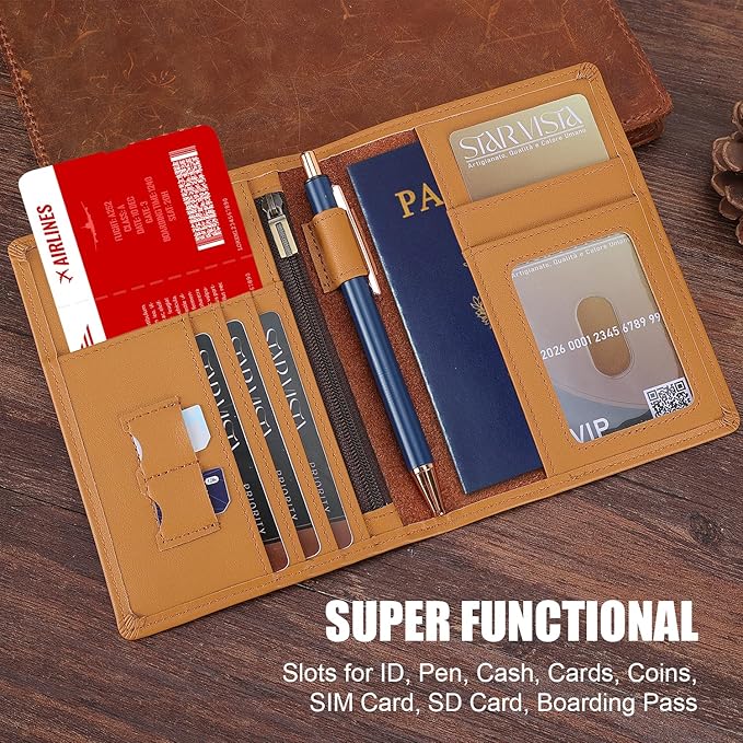 STAR VISTA Phoenix Leather Passport Holder, Calfskin Travel Wallet - RFID Blocking, ID Window, Zipper Pocket, Pen & Notebook Included, Honey