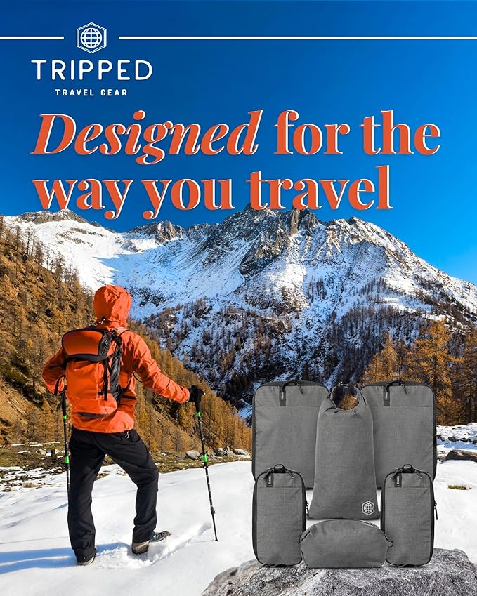 Premium Compression Packing Cubes for Travel, Compression Packaging Cube, Zip Bags Premium 6-Piece Set with laundry bag and shoe bag by TRIPPED Travel Gear (Grey)