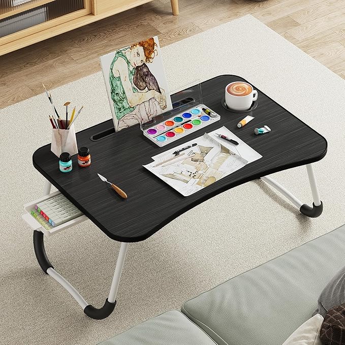 Lap Desk Bed Trays for Eating and Laptops Breakfast in Bed Tray for Sofa/Couch/Study/Reading/Writing with Cup Holder/Drawer On Low Sitting Floor Large Portable Foldable (Black)