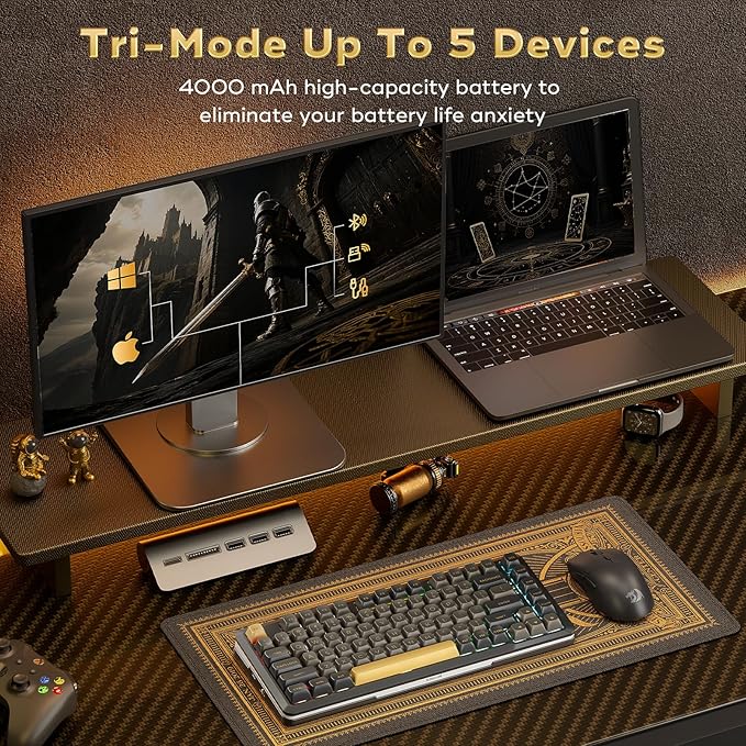 Redragon K738 Wireless Mechanical Keyboard, Gasket Mounted RGB Gaming Keyboard, 3-Mode (2.4G/BT/USB), Pre-lubed Linear Switches, 75％ Layout, 82 Keys Hot Swappable for PC/Mac - Black Gold