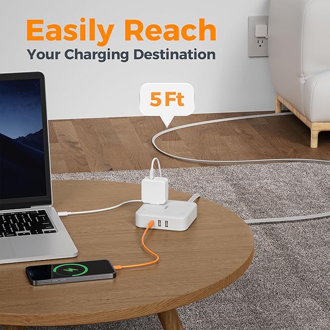 Surge Protector Flat Extension Cord 5FT, TESSAN Flat Plug Power Strip with 4 Outlets 3 USB C Ports (1 USB C), 900 Joules Protection, Multiple Wall Outlet Extender Suitable for Home Office Dorm, White