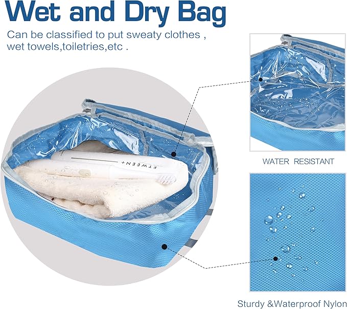 8 Set Expandable Compression Packing Cubes for Suitcases Travel Essentials Carry On Waterproof Storage Bag With Dry And Wet Separation Blue