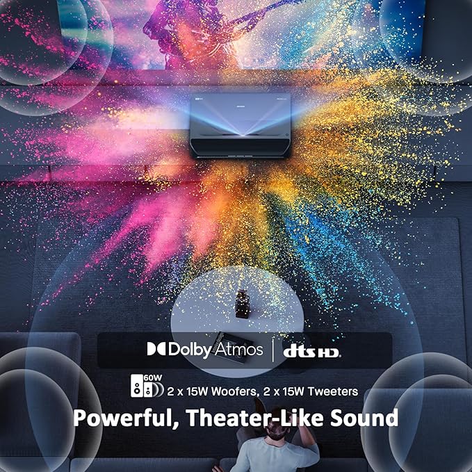 NexiGo Aurora Pro, Ultra Short Throw 4K Tri-Color Laser Projector, 2400 Lumens, Screen Adoption, Dynamic Laser Dimming, Dolby Vision & Atoms, HDR10, HLG, Active 3D, 60W Speakers, UST Laser TV, PJ92