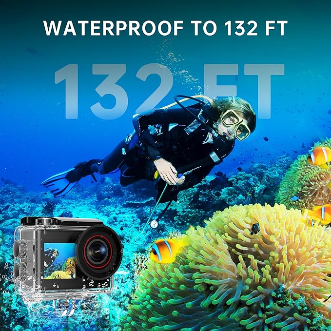 ODDV 4K60FPS 30MP Action Camera with Front LCD and Touch Rear Screens, Underwater Camera with 64GB Memory Card, 132FT Waterproof Camera, EIS, 5X Zoom, WiFi Remote Control (Black)