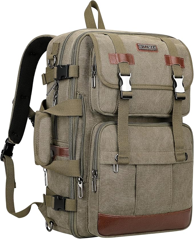 WITZMAN Canvas Travel Backpack for Men Large Laptop Backpack Fit 17 inch Carry-on Airline Approved Convertible Shoulder Rucksack(A6617-3 Army Green)