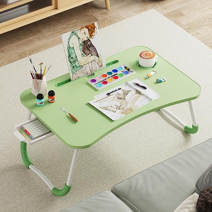 Lap Desk Bed Trays for Eating and Laptops Breakfast in Bed Tray for Sofa/Couch/Study/Reading/Writing with Cup Holder/Drawer On Low Sitting Floor Large Portable Foldable (Green)