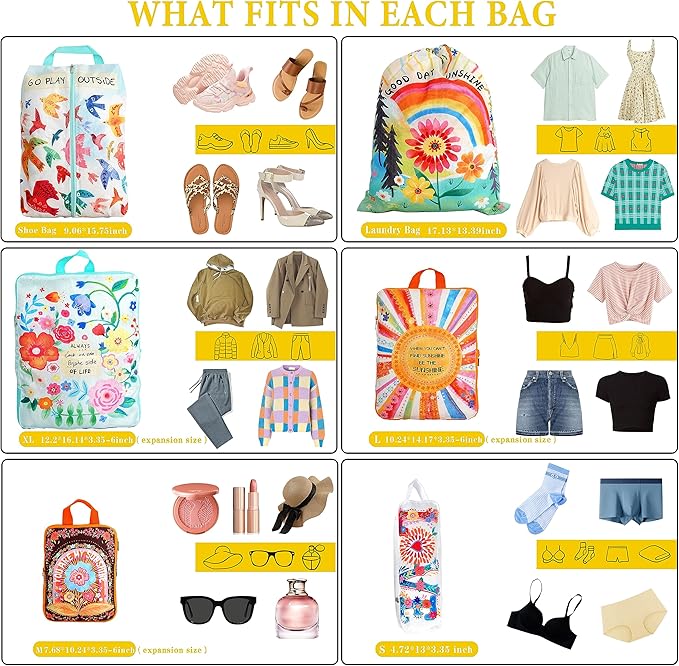 Compression Packing Cubes for Travel, 6 Set Natural Life Luggage Organizers, Lightweight Waterproof Expandable/Compression Bags Bohemia Smell Proof Travel Packing Cubes for Suitcases