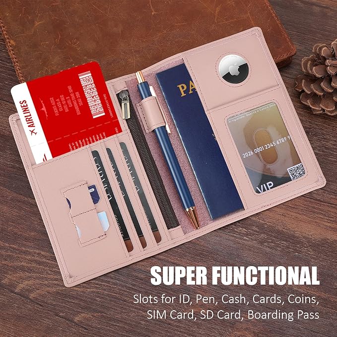 STAR VISTA Phoenix Leather Passport Holder, Calfskin Leather Travel Wallet - RFID Blocking, ID Window, Zipper Pocket, Pen & Notebook Included, AirTag Holder, Pale Pink