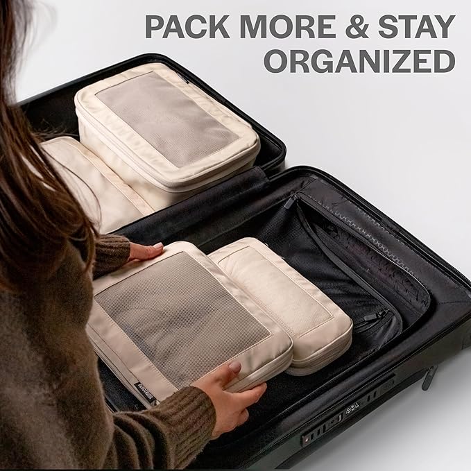 Compression Packing Cubes for Travel - Luggage Organizer Bags - Double Zipper Packing Cubes for Suitcases (4-Pack, Light Grey)
