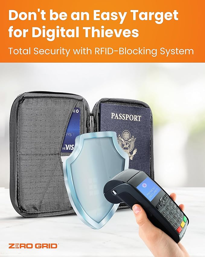 Passport Holder & Travel Wallet with RFID Blocking - Premium Document Organizer Case for Men and Women - Holds Passports, Cards, Tickets, ID, Cash - Compact Zippered Wallet - Shadow