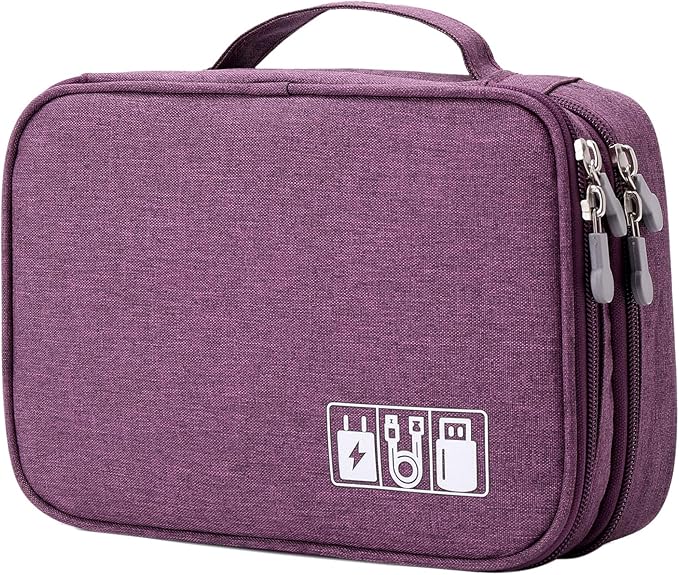 MIRLEWAIY Travel Electronics Organizer Soft Case Small Electronic Accessories Carrying Bag Double-Layer for Cords Phone Chargers Cables Earbuds Adapter Mouse, Purple