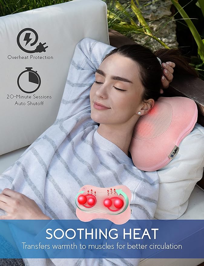 Zyllion Shiatsu Back and Neck Massager with Heat - 3D Electric Kneading Deep Tissue Massage Pillow for Muscle Pain Relief, Pink, ZMA-13