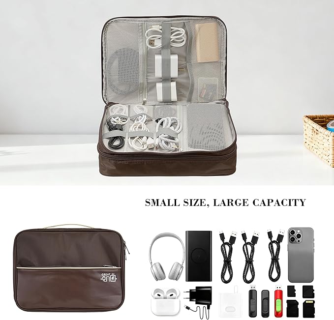 Electronics Accessories Organizer Bag, Waterproof Double Layer Travel Cable Organizer Case for Cords, Charger, Power Bank, Hard Drive, Mouse – Shockproof Tech Storage Pouch for Travel & Home(Brown)