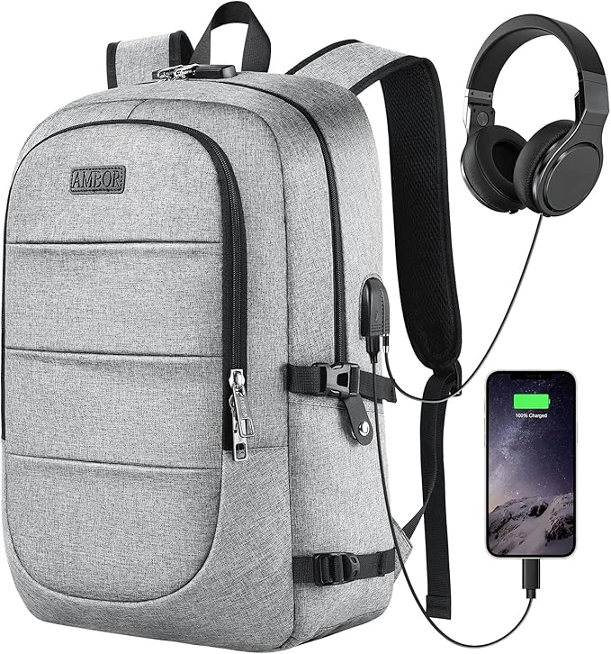 AMBOR Travel Laptop Backpack, 15.6-17.3 inch Anti Theft Business Laptop Backpack with USB Charging Port and Headphone Interface, Backpack for Men & Women, Grey