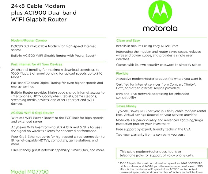 Motorola MG7700 Modem WiFi Router Combo with Power Boost | Approved by Comcast Xfinity, Cox and Spectrum | for Cable Plans Up to 800 Mbps | DOCSIS 3.0 + Gigabit Router